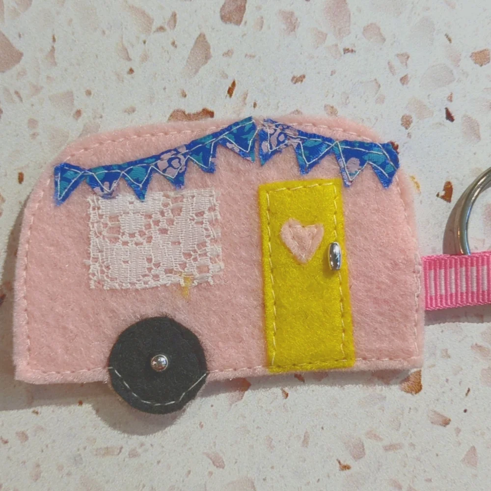 Happy Camper Handcrafted Key Fob Retro Positive Felt Lace Ribbon Beads | New #2